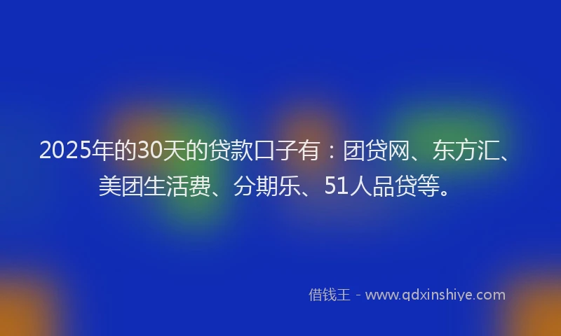 2025年的30天的贷款口子有：团贷网、东方汇、美团生活费、分期乐、51人品贷等。