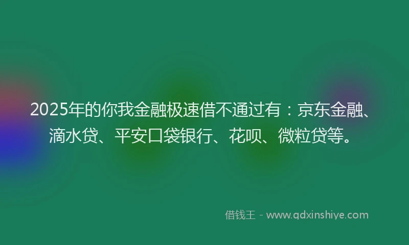 2025年的你我金融极速借不通过有：京东金融、滴水贷、平安口袋银行、花呗、微粒贷等。