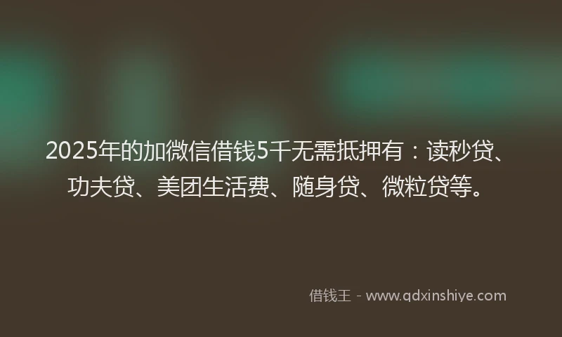 2025年的加微信借钱5千无需抵押有：读秒贷、功夫贷、美团生活费、随身贷、微粒贷等。