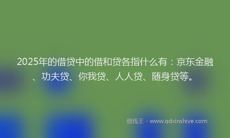 2025年的借贷中的借和贷各指什么有：京东金融、功夫贷、你我贷、人人贷、随身贷等。