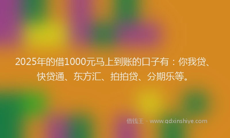 2025年的借1000元马上到账的口子有：你我贷、快贷通、东方汇、拍拍贷、分期乐等。