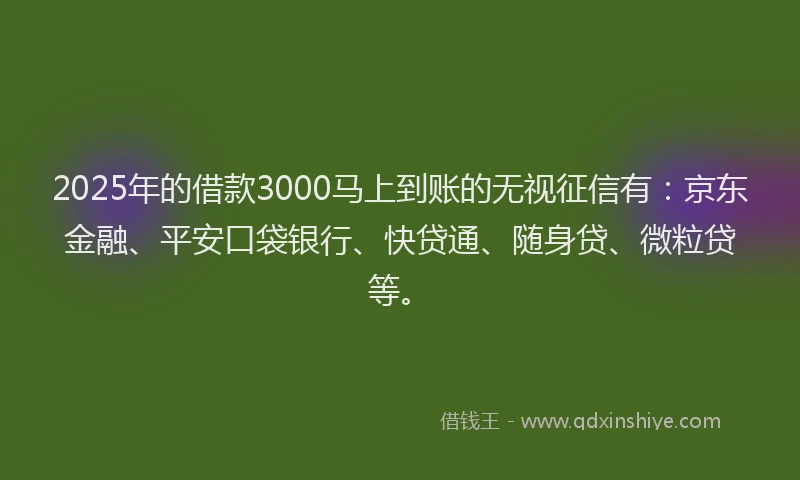 2025年的借款3000马上到账的无视征信有：京东金融、平安口袋银行、快贷通、随身贷、微粒贷等。