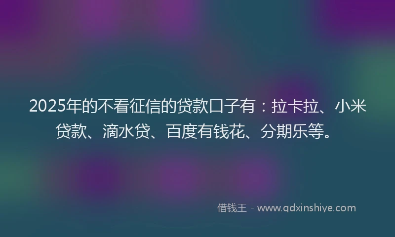 2025年的不看征信的贷款口子有：拉卡拉、小米贷款、滴水贷、百度有钱花、分期乐等。