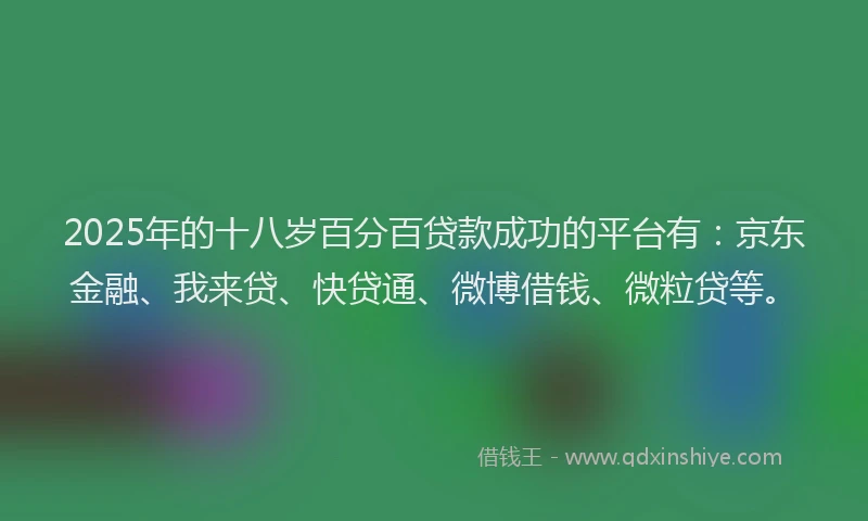 2025年的十八岁百分百贷款成功的平台有：京东金融、我来贷、快贷通、微博借钱、微粒贷等。