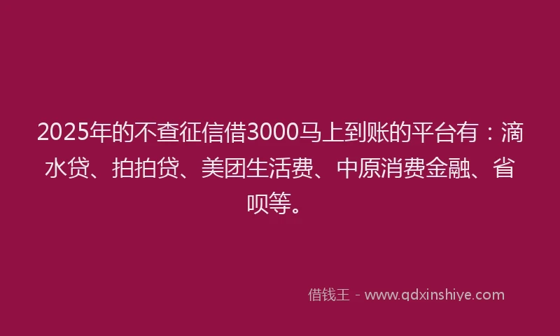 2025年的不查征信借3000马上到账的平台有：滴水贷、拍拍贷、美团生活费、中原消费金融、省呗等。