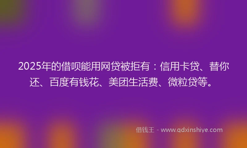2025年的借呗能用网贷被拒有：信用卡贷、替你还、百度有钱花、美团生活费、微粒贷等。