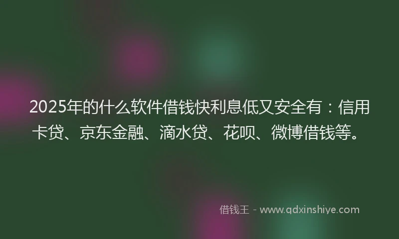 2025年的什么软件借钱快利息低又安全有：信用卡贷、京东金融、滴水贷、花呗、微博借钱等。