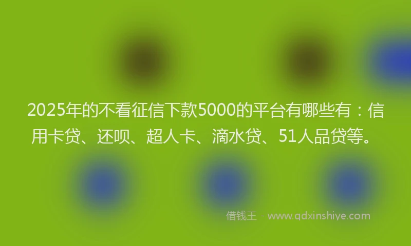 2025年的不看征信下款5000的平台有哪些有：信用卡贷、还呗、超人卡、滴水贷、51人品贷等。