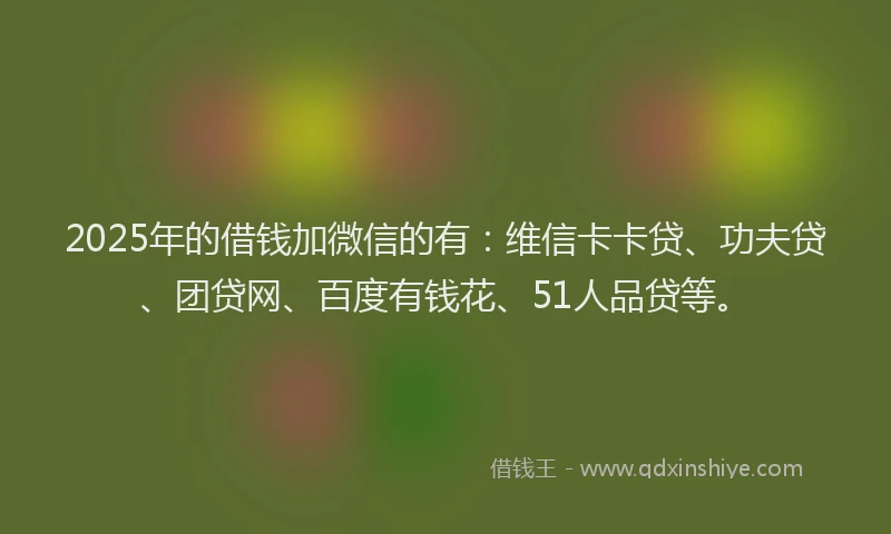 2025年的借钱加微信的有：维信卡卡贷、功夫贷、团贷网、百度有钱花、51人品贷等。