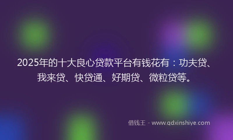 2025年的十大良心贷款平台有钱花有：功夫贷、我来贷、快贷通、好期贷、微粒贷等。