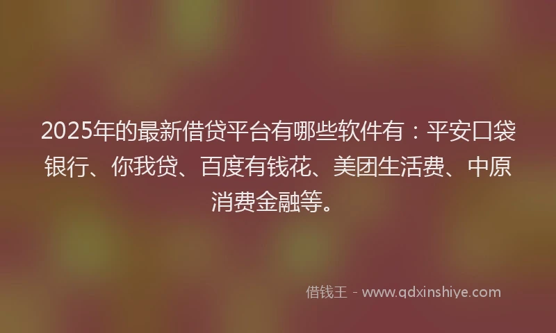 2025年的最新借贷平台有哪些软件有：平安口袋银行、你我贷、百度有钱花、美团生活费、中原消费金融等。