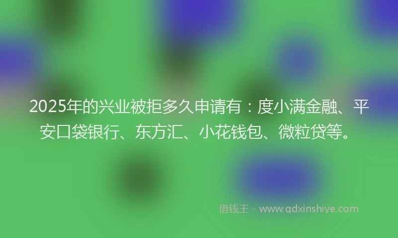 2025年的兴业被拒多久申请有：度小满金融、平安口袋银行、东方汇、小花钱包、微粒贷等。