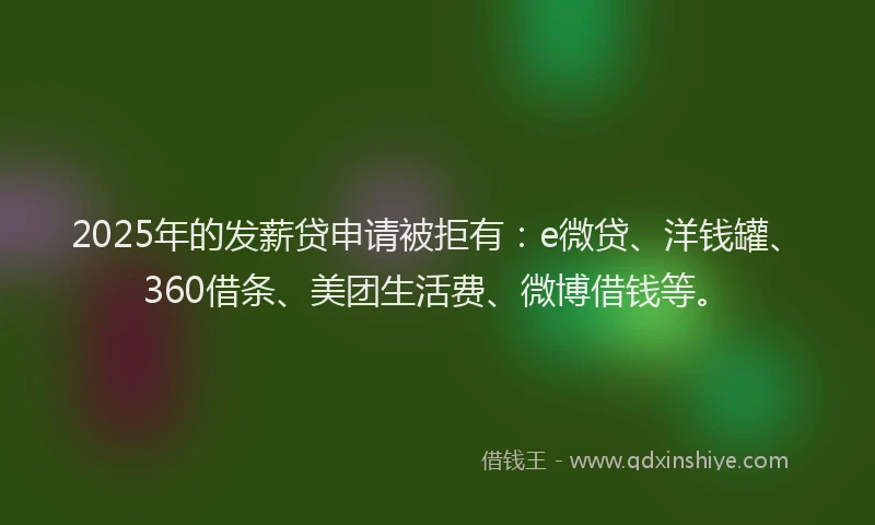 2025年的发薪贷申请被拒有：e微贷、洋钱罐、360借条、美团生活费、微博借钱等。