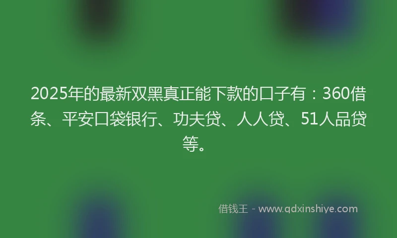 2025年的最新双黑真正能下款的口子有：360借条、平安口袋银行、功夫贷、人人贷、51人品贷等。