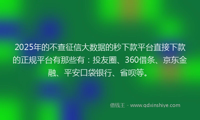 2025年的不查征信大数据的秒下款平台直接下款的正规平台有那些有：投友圈、360借条、京东金融、平安口袋银行、省呗等。