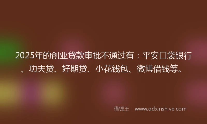 2025年的创业贷款审批不通过有：平安口袋银行、功夫贷、好期贷、小花钱包、微博借钱等。
