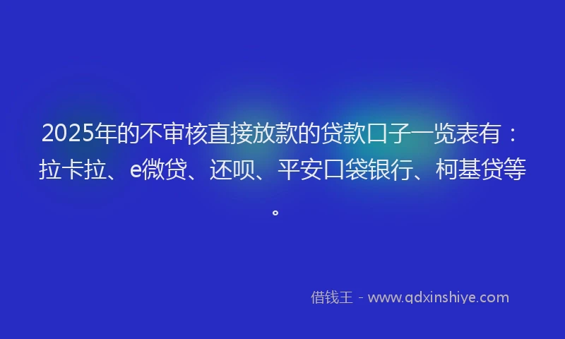 2025年的不审核直接放款的贷款口子一览表有：拉卡拉、e微贷、还呗、平安口袋银行、柯基贷等。