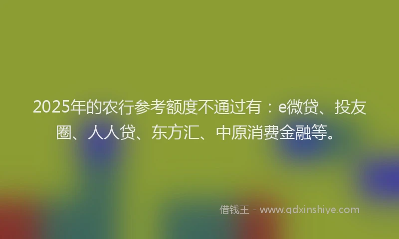 2025年的农行参考额度不通过有：e微贷、投友圈、人人贷、东方汇、中原消费金融等。