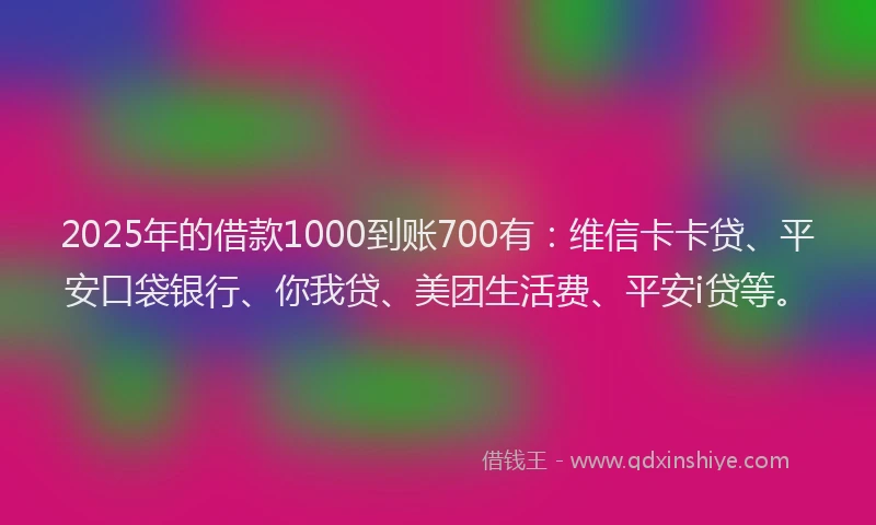 2025年的借款1000到账700有：维信卡卡贷、平安口袋银行、你我贷、美团生活费、平安i贷等。