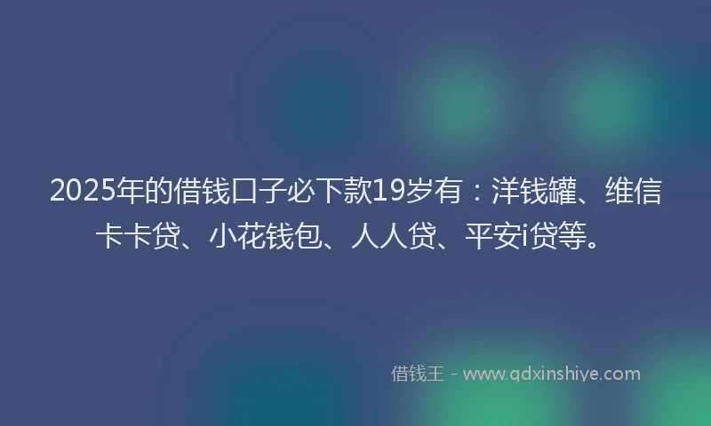 2025年的借钱口子必下款19岁有：洋钱罐、维信卡卡贷、小花钱包、人人贷、平安i贷等。