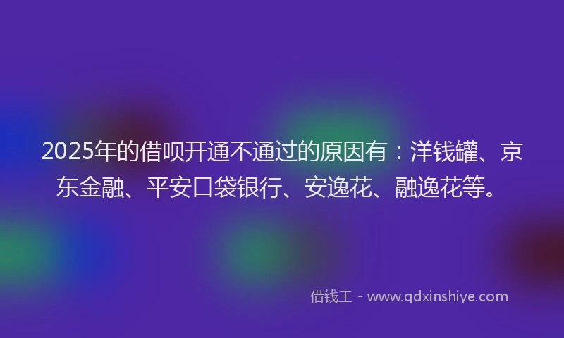 2025年的借呗开通不通过的原因有：洋钱罐、京东金融、平安口袋银行、安逸花、融逸花等。