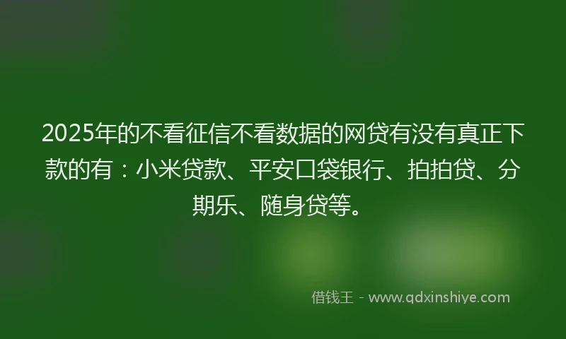 2025年的不看征信不看数据的网贷有没有真正下款的有：小米贷款、平安口袋银行、拍拍贷、分期乐、随身贷等。