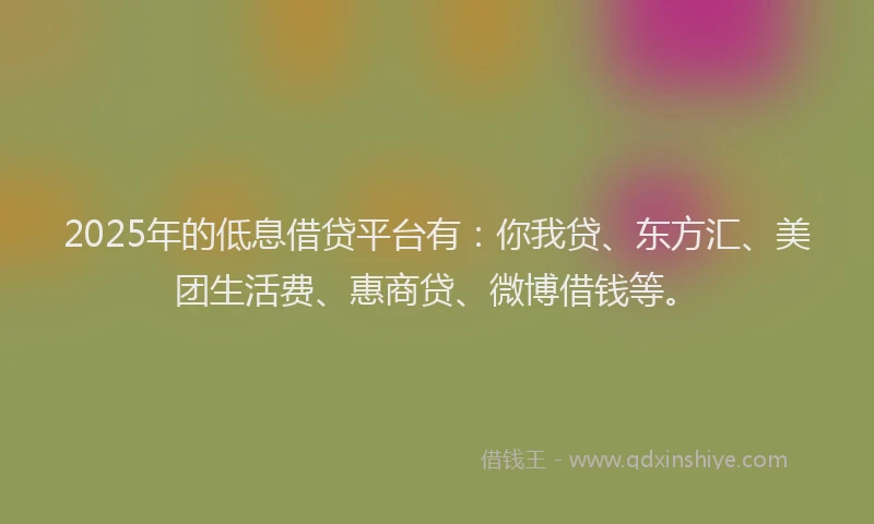 2025年的低息借贷平台有：你我贷、东方汇、美团生活费、惠商贷、微博借钱等。