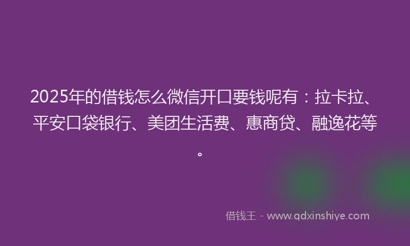 2025年的借钱怎么微信开口要钱呢有：拉卡拉、平安口袋银行、美团生活费、惠商贷、融逸花等。