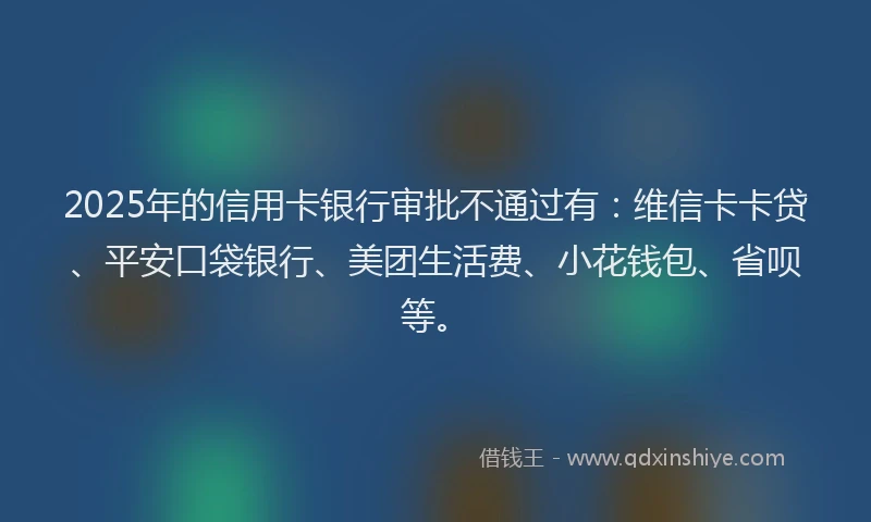 2025年的信用卡银行审批不通过有：维信卡卡贷、平安口袋银行、美团生活费、小花钱包、省呗等。