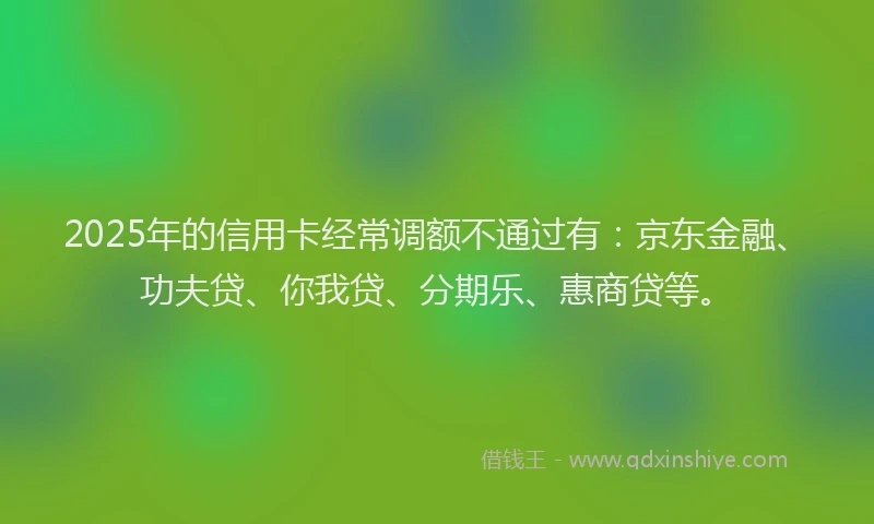 2025年的信用卡经常调额不通过有：京东金融、功夫贷、你我贷、分期乐、惠商贷等。