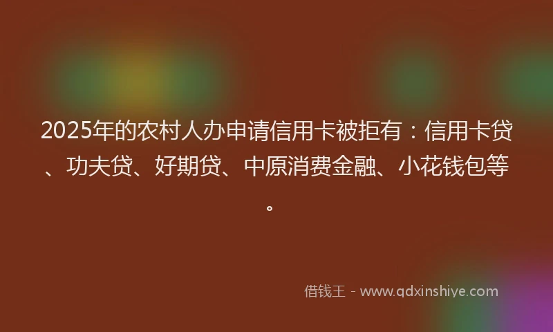 2025年的农村人办申请信用卡被拒有：信用卡贷、功夫贷、好期贷、中原消费金融、小花钱包等。