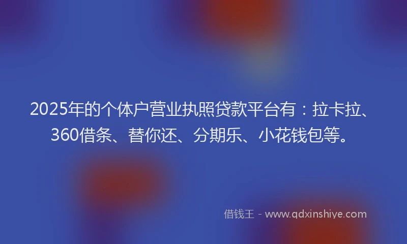 2025年的个体户营业执照贷款平台有：拉卡拉、360借条、替你还、分期乐、小花钱包等。