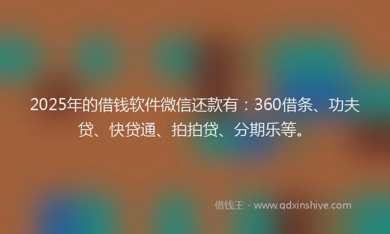 2025年的借钱软件微信还款有：360借条、功夫贷、快贷通、拍拍贷、分期乐等。
