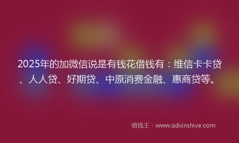 2025年的加微信说是有钱花借钱有：维信卡卡贷、人人贷、好期贷、中原消费金融、惠商贷等。