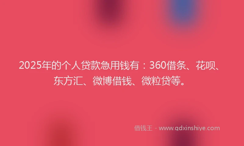 2025年的个人贷款急用钱有：360借条、花呗、东方汇、微博借钱、微粒贷等。