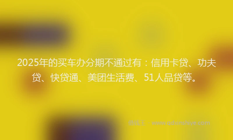 2025年的买车办分期不通过有：信用卡贷、功夫贷、快贷通、美团生活费、51人品贷等。