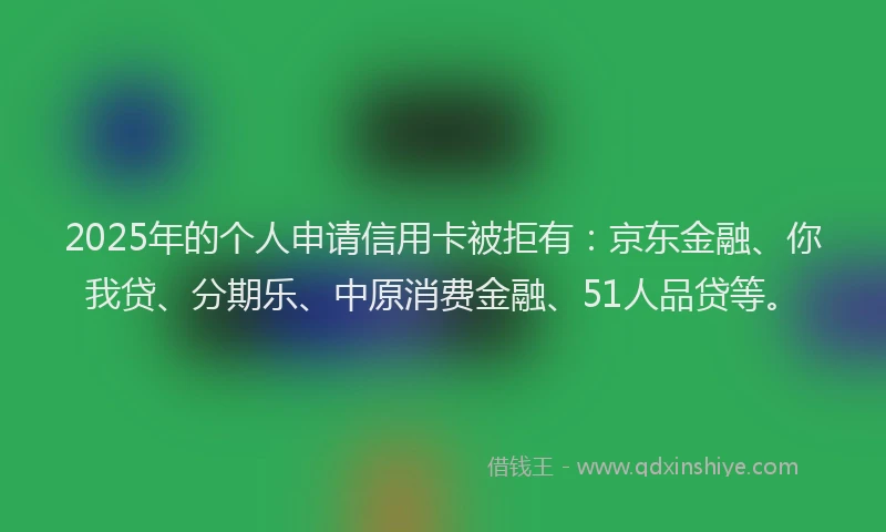 2025年的个人申请信用卡被拒有：京东金融、你我贷、分期乐、中原消费金融、51人品贷等。