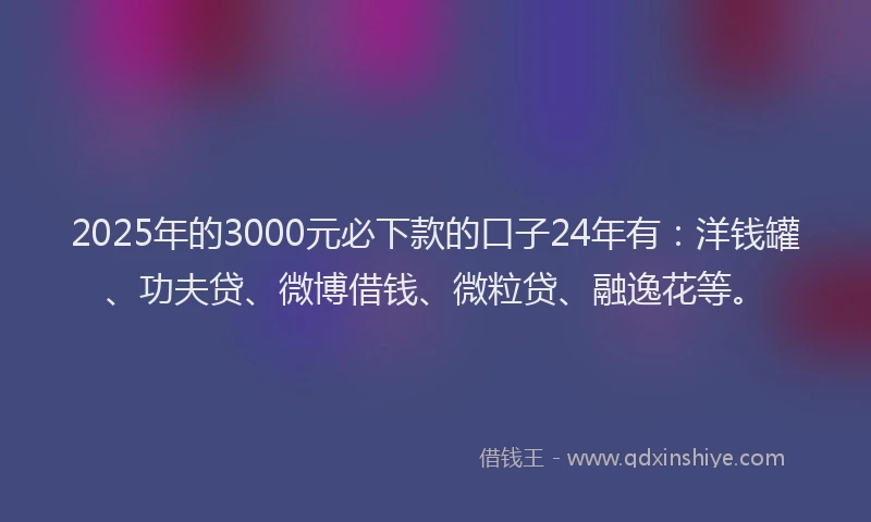 2025年的3000元必下款的口子24年有：洋钱罐、功夫贷、微博借钱、微粒贷、融逸花等。