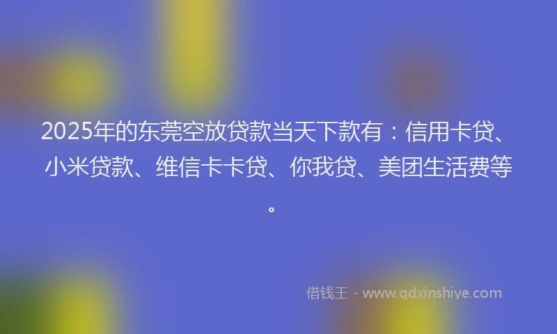 2025年的东莞空放贷款当天下款有：信用卡贷、小米贷款、维信卡卡贷、你我贷、美团生活费等。
