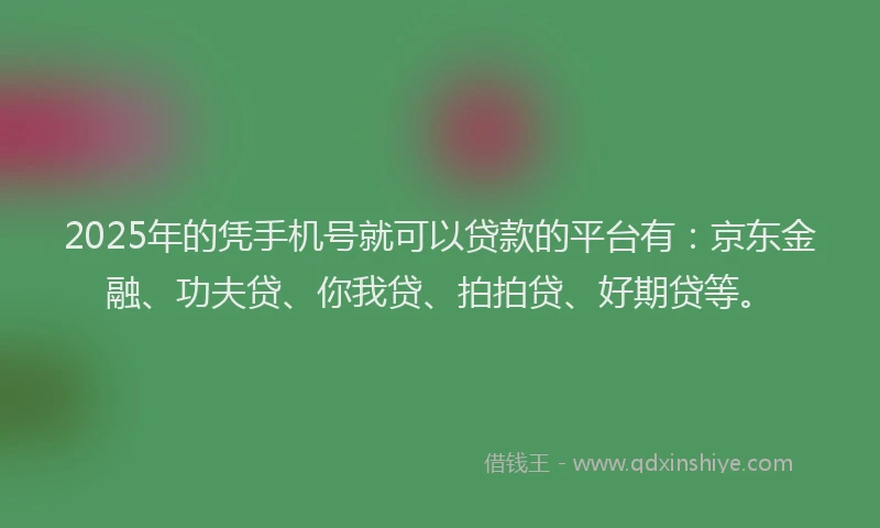 2025年的凭手机号就可以贷款的平台有：京东金融、功夫贷、你我贷、拍拍贷、好期贷等。