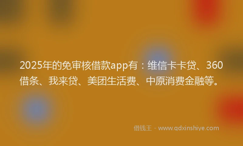 2025年的免审核借款app有：维信卡卡贷、360借条、我来贷、美团生活费、中原消费金融等。