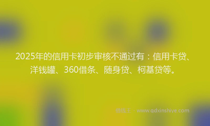 2025年的信用卡初步审核不通过有：信用卡贷、洋钱罐、360借条、随身贷、柯基贷等。