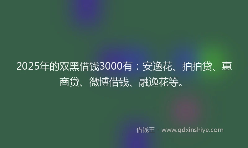 2025年的双黑借钱3000有：安逸花、拍拍贷、惠商贷、微博借钱、融逸花等。