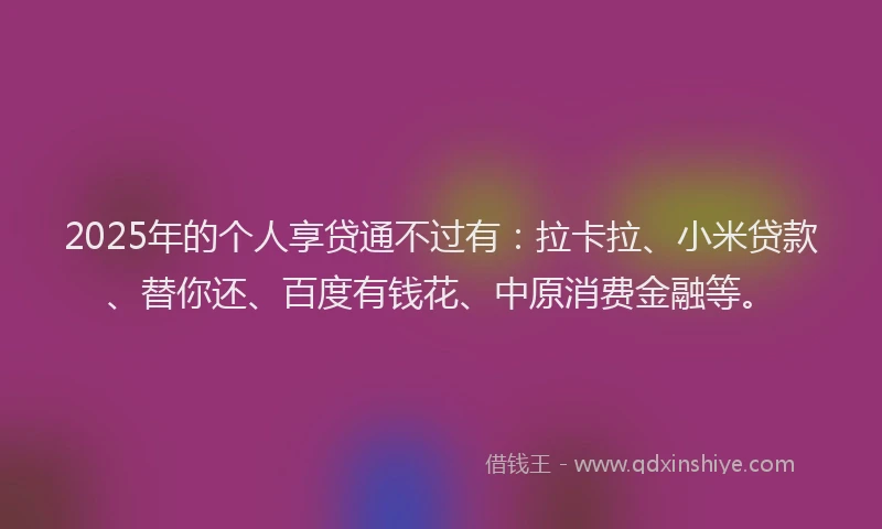 2025年的个人享贷通不过有：拉卡拉、小米贷款、替你还、百度有钱花、中原消费金融等。