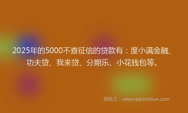 2025年的5000不查征信的贷款有：度小满金融、功夫贷、我来贷、分期乐、小花钱包等。