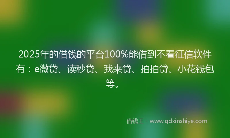 2025年的借钱的平台100%能借到不看征信软件有：e微贷、读秒贷、我来贷、拍拍贷、小花钱包等。
