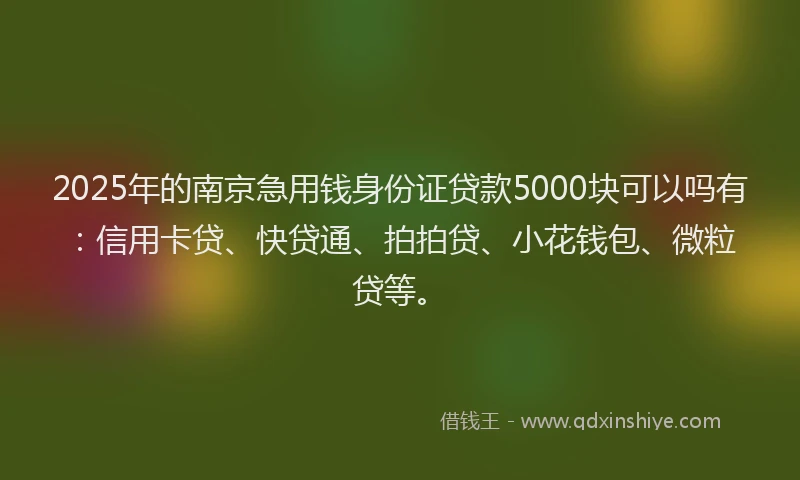 2025年的南京急用钱身份证贷款5000块可以吗有：信用卡贷、快贷通、拍拍贷、小花钱包、微粒贷等。