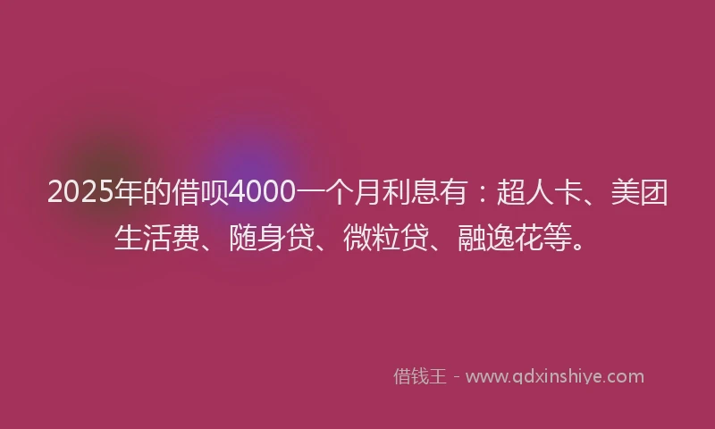 2025年的借呗4000一个月利息有：超人卡、美团生活费、随身贷、微粒贷、融逸花等。