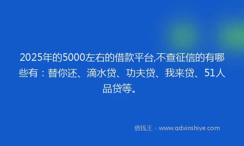 2025年的5000左右的借款平台,不查征信的有哪些有：替你还、滴水贷、功夫贷、我来贷、51人品贷等。