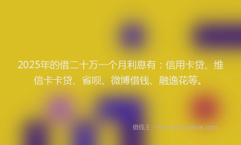 2025年的借二十万一个月利息有：信用卡贷、维信卡卡贷、省呗、微博借钱、融逸花等。